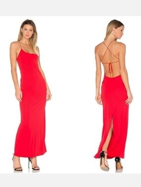 Revolve NBD Arabella solid lava red strappy slit leg back maxi dress